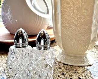 Fiesta Ware White Disk Pitcher, Cut Glass Salt & Pepper Shakers, Lenox Ivory Porcelain Carolina Collection Pitcher