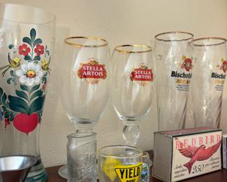 German Folk Art Hand Painted Beer Stein, Pair of Stella Artois Glass Chalices, Pair of Bischofshof Weisbeir Beer Glasses, Shot Glasses
