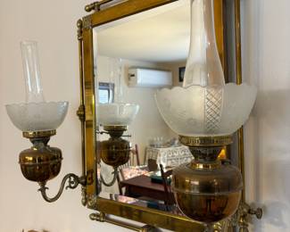 Victorian Brass Double Oil Lamp Wall Mirror