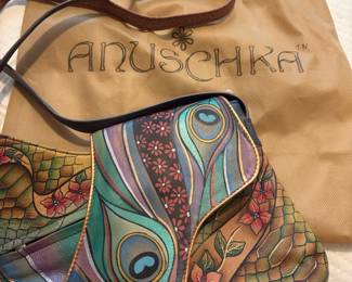 Anuschka Hand Painted Leather Peacock Feather/Animal Print Handbag