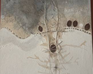 1982 Contemporary Artwork “Early Winter” by Chris – Mixed Media Using Grass, Leaves, Soil, and Lake Water