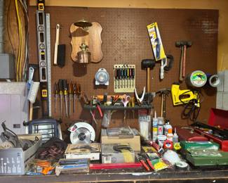 Ship's Perko Brass Oil Lamp & Heat Shield, Skil Orbital Sander, Skilsaw Circular Saw, Assortment of Screwdrivers, Mallets & Hammers, Black & Decker Jigsaw, Stanley Electric Staple/Brad Nail Gun