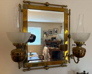 Victorian Brass Double Oil Lamp Wall Mirror