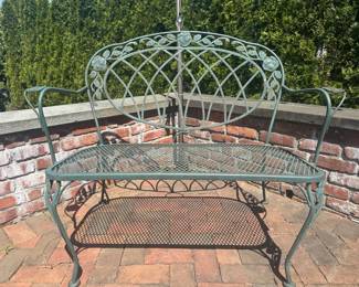 Green Painted Wrought Iron Outdoor Patio Bench Or Settee