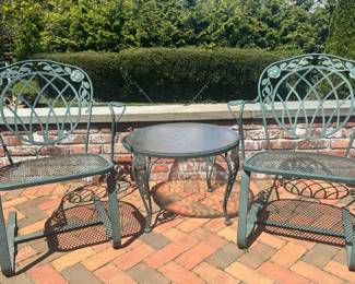 Pair Of Green Painted Wrought Rocking Chairs With Green Painted Wrought Iron Outdoor Patio Table