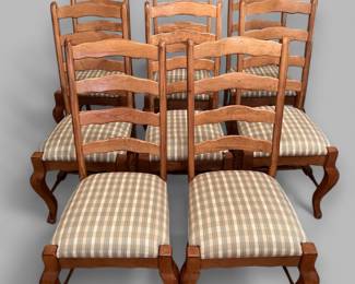 Set Of 8 French Provincial Style Ladder Back Dining Chairs With Plaid Upholstered Seat In Tan/Blue/Green