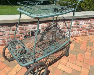 Green Painted Wrought Iron Outdoor Patio Bar Cart