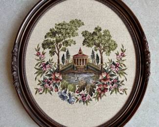 Framed Oval Embroidered Garden & Gazebo Needlepoint
