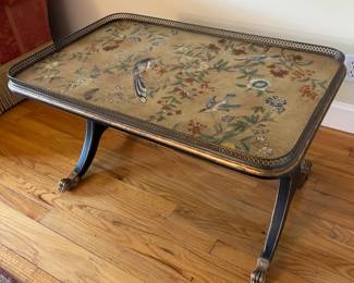 French Louis XVI Style Coffee Table With Bird And Flower Decorated Top