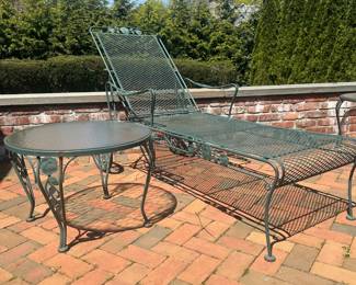 Green Painted Wrought Iron Outdoor Patio Lounge Chair And Table