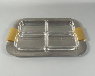 Mid Century Silver And Gold Platter With Four Glass Dishes