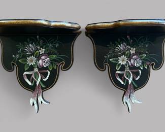 Pair Of Black Painted Floral Design Wall Shelves With Rose Gold Trim