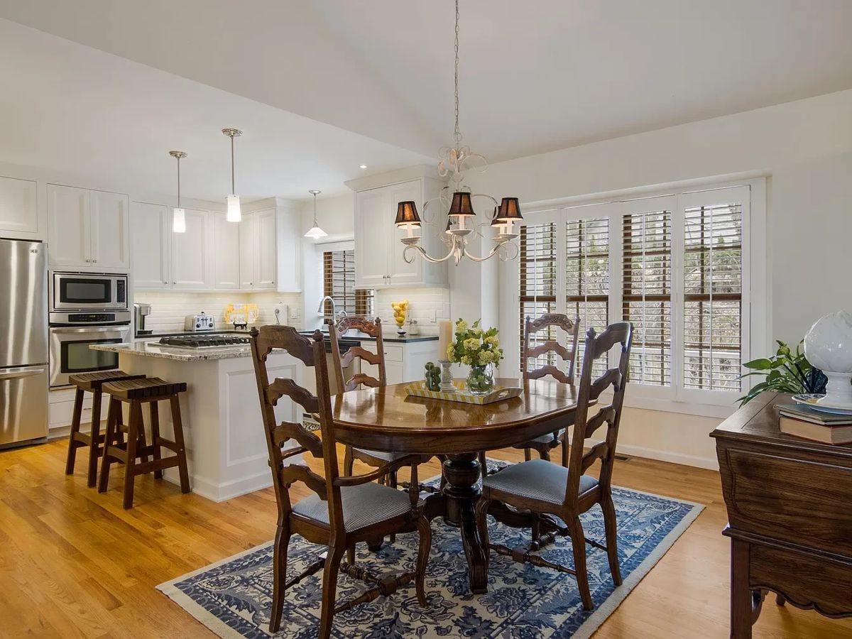 Teak counter height stools. Thomasville dining set with extension leaf and 6 chairs. Unique matching linen chest. Country French. Floral rug.