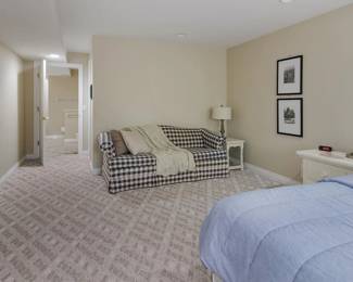 Queen headboard and mattress with matching nightstand. Decorative pictures. Rowe sleeper sofa.