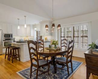 Teak counter height stools. Thomasville dining set with extension leaf and 6 chairs. Unique matching linen chest. Country French. Floral rug.