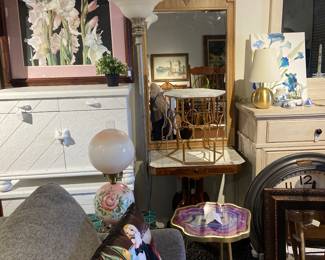 sofas, mirrors, lamps, side tables, dresser, buffet, cabinets