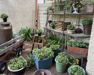patio, garden decor, planters, copper, wooden stools