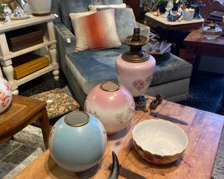 lounge chair, coffee table, side tables, lamps