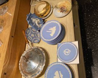 Silver plated serving dishes, vintage wedgwood collectibles