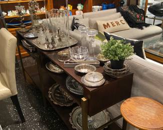 console, silver plated dishes, trays, trinkets