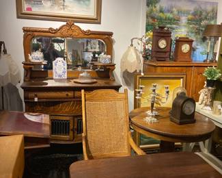 antique hutch, buffet, tables, clocks