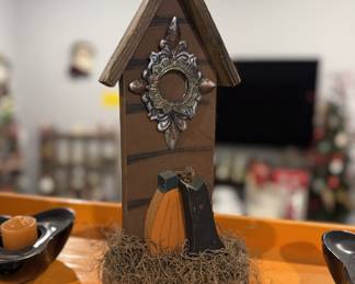 Halloween Wood House and pumpkins