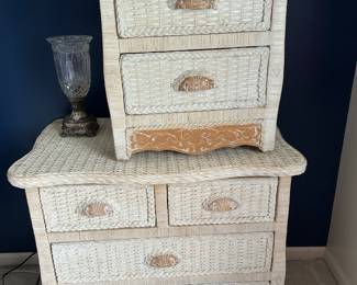 Pier 1 Imports Wicker Nightstand Rattan Cottage Tropical One Jamaica Bed Table, 4 Drawer Dresser and Mirror (see next photo)