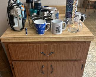 Cabinet, irons, Lily Pulitzer mugs
