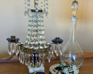 Brass And Marble Crystal Candlestick And Decanter