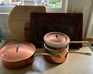 Copper Double Boiler And Danish Teak Carving Board