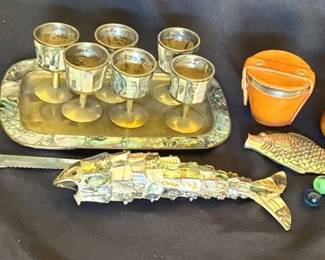 Vintage Taxco Abalone Shell Glasses And Articulated Fish