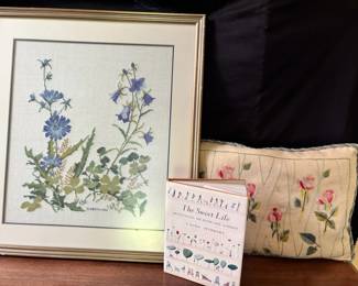 Framed Needlepoint Floral Art Pillow and Book