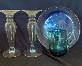Kosta Boda Large Dish Glass Pitcher And Candlesticks