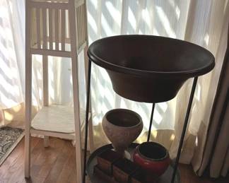 Copper Colored Planter And Wood Plant Stand
