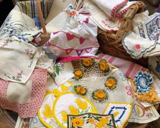 Vintage Embroidered Linens Crochet Doilles Baskets And More