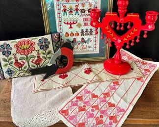 Vintage Swedish Hand Painted Candelabra Framed Merry Christmas Cross Stitch MORE