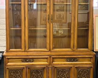 Mid-Century "Lou Register" China Cabinet, interior light, gorgeous woodcarving detailing.