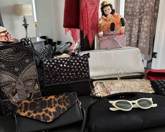 Purses, vintage sunglasses, beaded purse