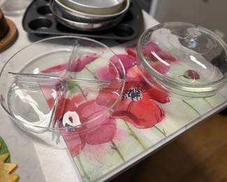 Serving dishes, cutting board