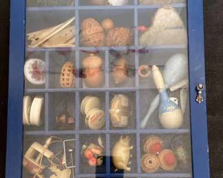 Blue Shadowbox Filled With Pincushions Sewing 