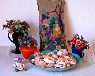 Tatted Flowers, Seashells, Porcelain Flowers and Crewel Pillow