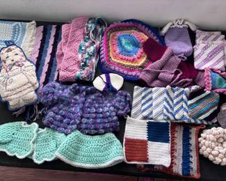 Crocheted Potholders, Baby Clothes, Scarves
