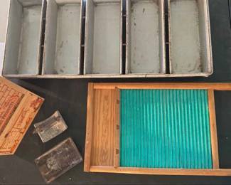 Antique Metal Bread Loaves Pan Pastry Presses Washboard