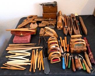 Antique Thread Shuttles, Fabric Markers, Rug Hooks  Glove Stretchers