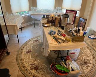 Fostoria glassware. Kitchen utensils and small appliances.