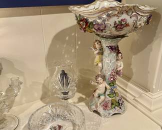 Collection of crystal & large Dresden porcelain compote