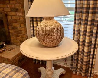 Ethan Allen round table & large rattan lamp