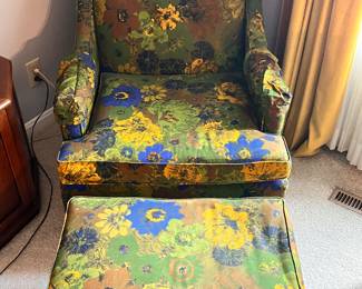 Another Walnut and Floral Print Chair with Ottoman