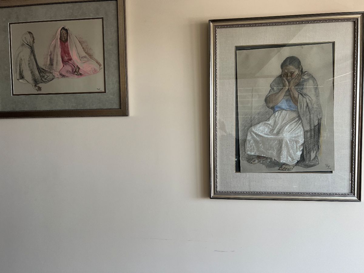 Zuniga..."Two women" (original painting/1982)(unframed 18"hx24"w) "Preocupado" ( original crayon & pastel) (unframed 29"h/22"w)