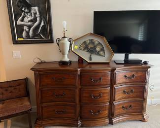 Ethan Allen Complete Bedroom Set (Dresser, King Size Bed and two side tables) All in excellent Condition..Framed Chinese Fan